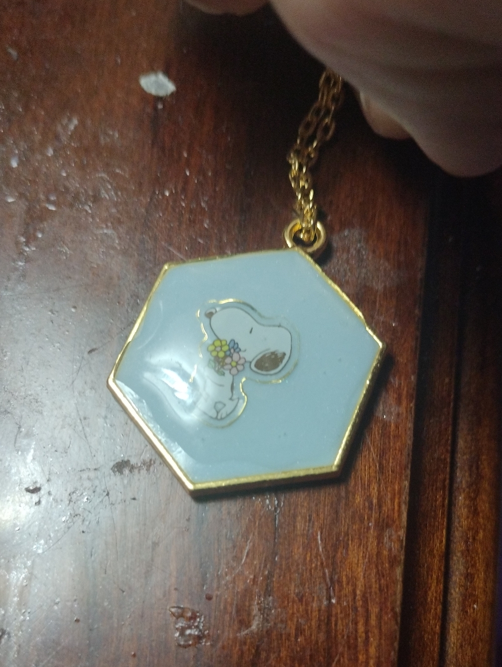 Gold-Tone Hexagon Light Blue Enamel Necklace with Snoopy Motif